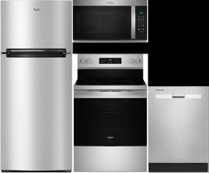 Front view of the Whirlpool® 4 Piece Stainless Steel Kitchen Package
