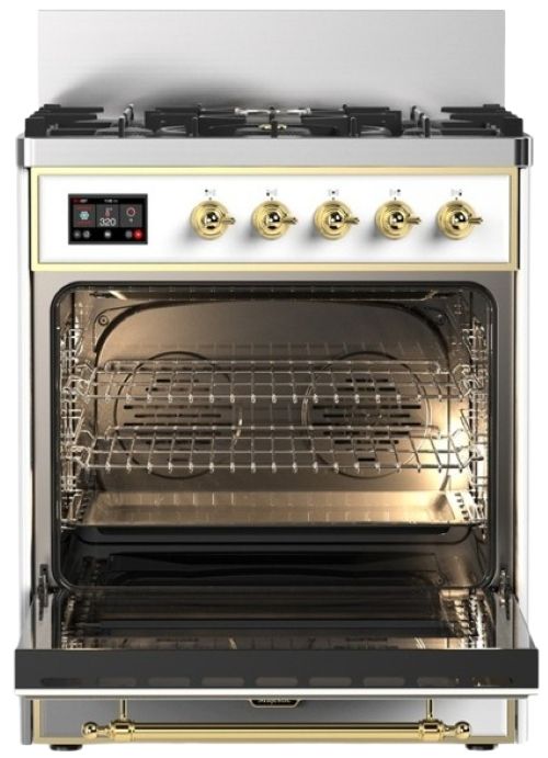 Ilve® Majestic III 30" White Pro Style Dual Fuel Natural Gas Range with 5 Black Brass Burners and Brass Trim-1