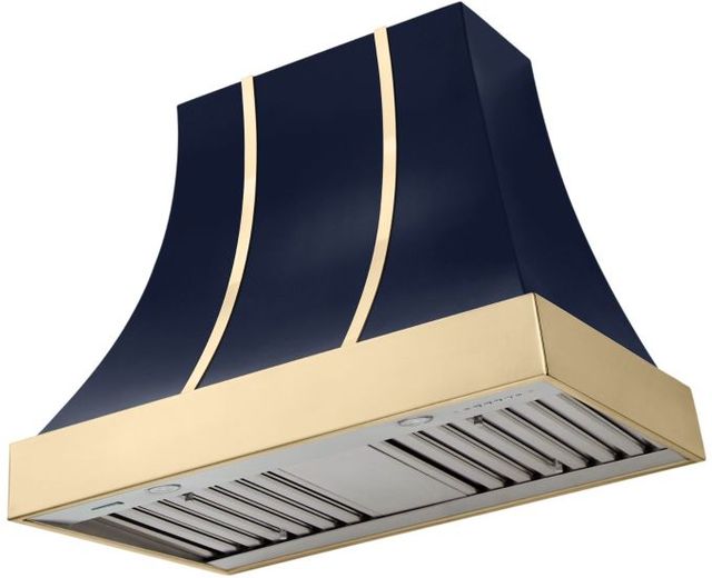 La Cornue CornuFé Cascade 36" Goodwood Blue Wall Mounted Range Hood with Polished Brass Trim-0