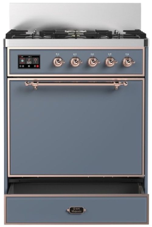 Ilve® Majestic III 30" Blue Gray Pro Style Dual Fuel Liquid Propane Range with 5 Black Brass Burners and Copper Trim-2