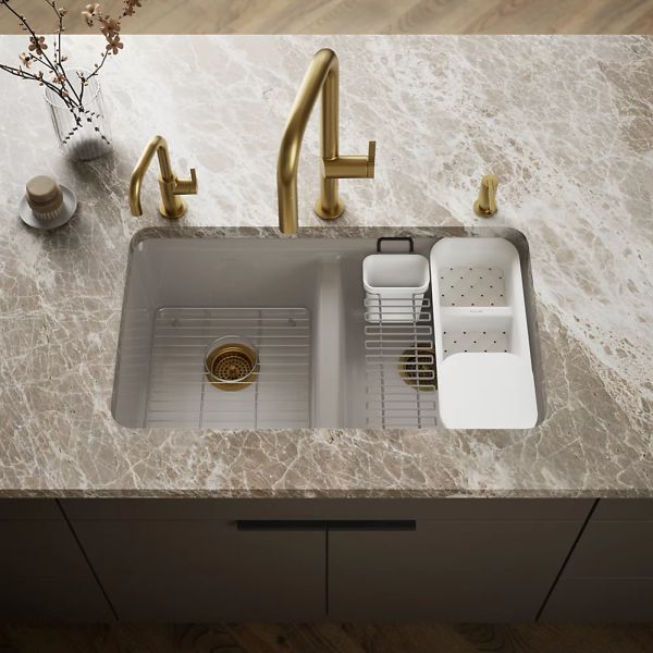 KOHLER® Riverby® Truffle 33" Undermount Double-Equal Bowl Workstation Kitchen Sink-1