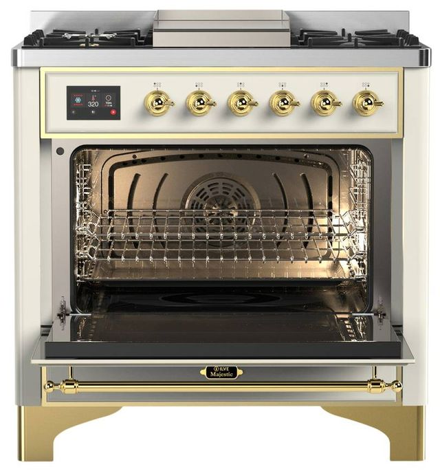 Ilve® Majestic III 36" Antique White Pro Style Dual Fuel Natural Gas Range with Triple Glass Door and Brass Trim-1