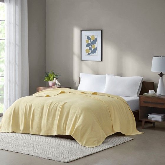 Olliix by Madison Park Freshspun Basketweave Yellow Twin Cotton Blanket-3