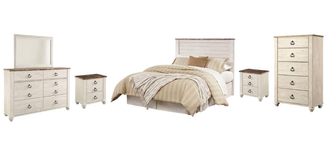 Willowton 6 Piece Queen Panel Bedroom - Whitewash Willowton 6 Piece Queen Panel Bedroom - Whitewash