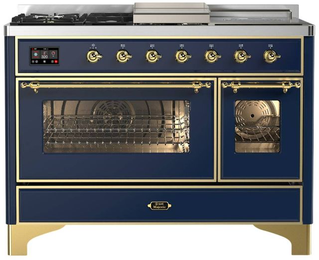 Ilve® Majestic III 48" Midnight Blue Pro Style Dual Fuel Liquid Propane Range with Triple Glass Door and Brass Trim-0