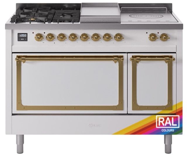 Ilve® Nostalgie II Noblesse 48'' Custom RAL Color Pro Style Dual Fuel Range with Brass Trim-0