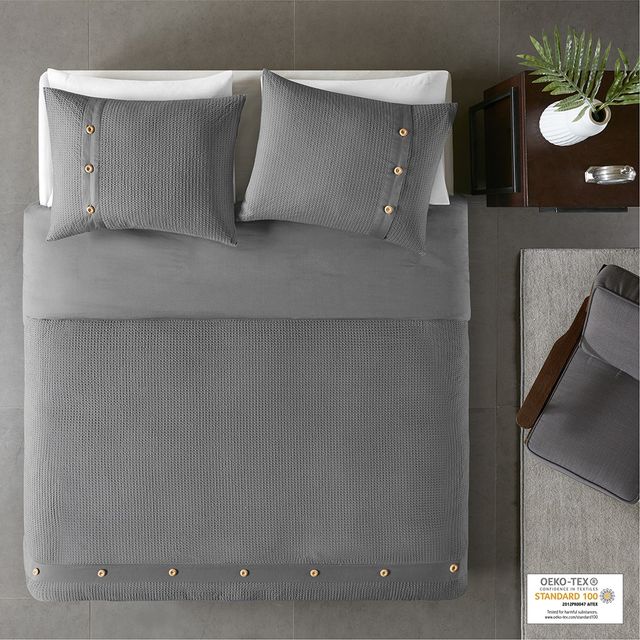 Olliix by Madison Park 3 Piece Grey Full/Queen Finley Cotton Waffle Weave Duvet Cover Set-2