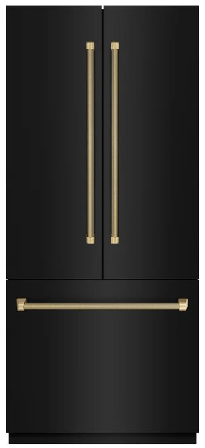 ZLINE Autograph Edition 36 in. 19.6 cu. ft. French Door Built-In Bottom Freezer Refrigerator with Water Dispenser and Ice Maker in Black Stainless Steel with Stainless Steel Interior and Polished Gold Helix Handles (SRBIVZ-BS36KG)