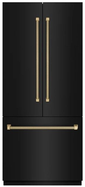 ZLINE Autograph Edition 36" 19.6 Cu. Ft. Black Stainless Steel with Stainless Steel Interior and Polished Gold Helix Handles French Door Built-In Bottom Freezer Refrigerator with Water Dispenser and Ice Maker-0