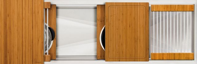 The Galley® Natural Golden Bamboo Ideal Workstation 4S + 12" DryDock® Drain Side, Five Tool Culinary Kit, One DryDock® Tool-0