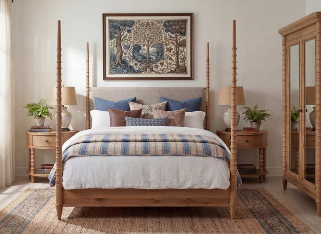 Legacy Classic Seraphina Sunlit Oak Queen Upholstered Poster Bed-1