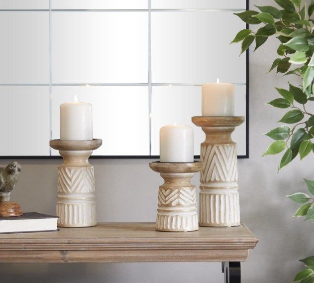 Deco Marche 3-Piece Light Brown Carved Tribal Pillar Candle Holder Set-4