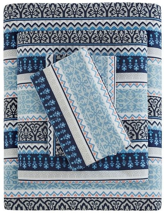 Olliix by True North by Sleep Philosophy Blue Fair Isle King Cozy 100% Cotton Flannel Printed Sheet Set-0