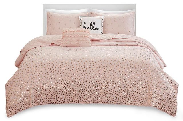 Olliix by Intelligent Design Zoey Blush and Rose Gold Full/Queen Metallic Printed Coverlet Set-0