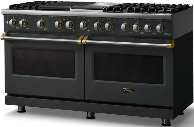 Viking® 5 Series 60" Antique Bronze Pro Style Dual Fuel (NG) Range with Brushed Brass Trim-2