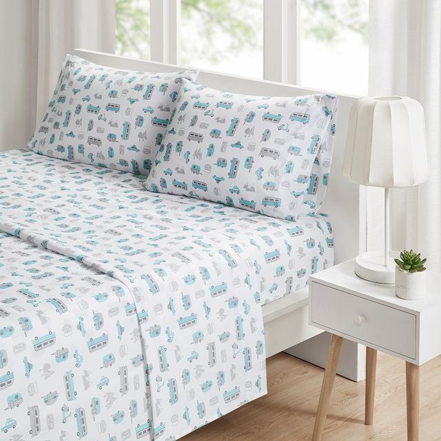 Olliix by Intelligent Design Grey/Blue Road Trip Twin Novelty Printed Sheet Set-3