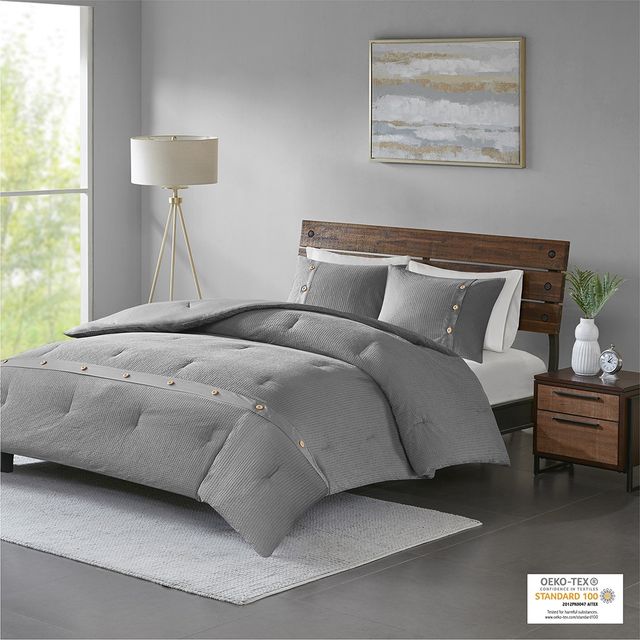 Olliix by Madison Park 3 Piece Grey Full/Queen Finley Cotton Waffle Weave Comforter Set-1