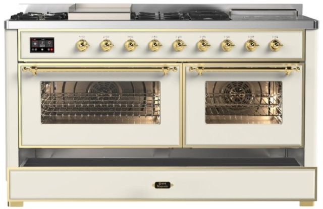 Ilve® Majestic III 60" Antique White Pro Style Dual Fuel Natural Gas Range with French Top and Brass Trim-2