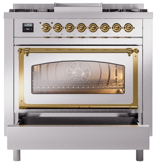 Ilve® Nostalgie II Noblesse 36'' Stainless Steel Pro Style Dual Fuel Range with Brass Trim-3