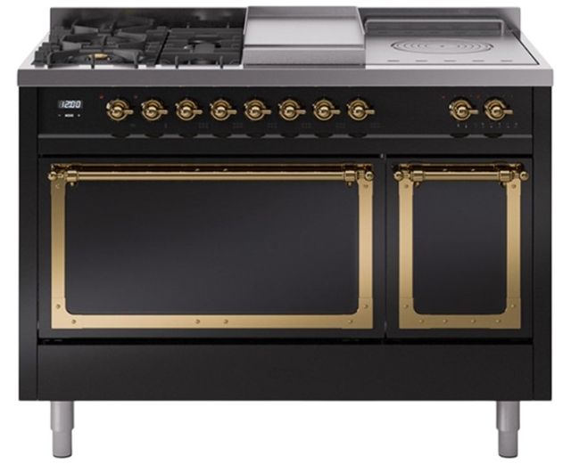 Ilve® Nostalgie II Noblesse 48'' Glossy Black Pro Style Dual Fuel Range with Brass Trim-0