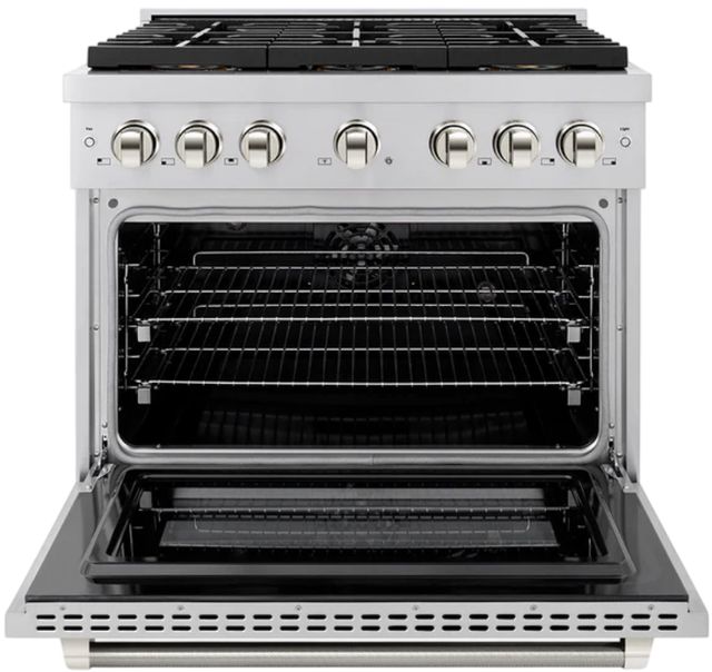 ZLINE Autograph Edition Paramount 36" 5.2 Cu. Ft. Stainless Steel Dual Fuel Range with 6 Burner DuoPro™ Cooktop and Electric Convection Oven and Polished Nickel Helix Handle and Accents-1