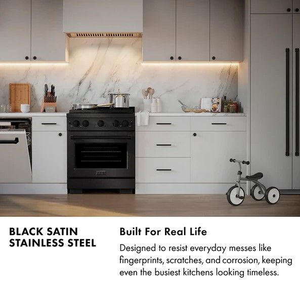 ZLINE Paramount 30" 4.2 cu. ft. Black Satin Stainless Steel with White Matte Door Paramount Dual Fuel Range with 4 Burner DuoPro™ Cooktop and Electric Convection Oven with Champagne Bronze Accents-1