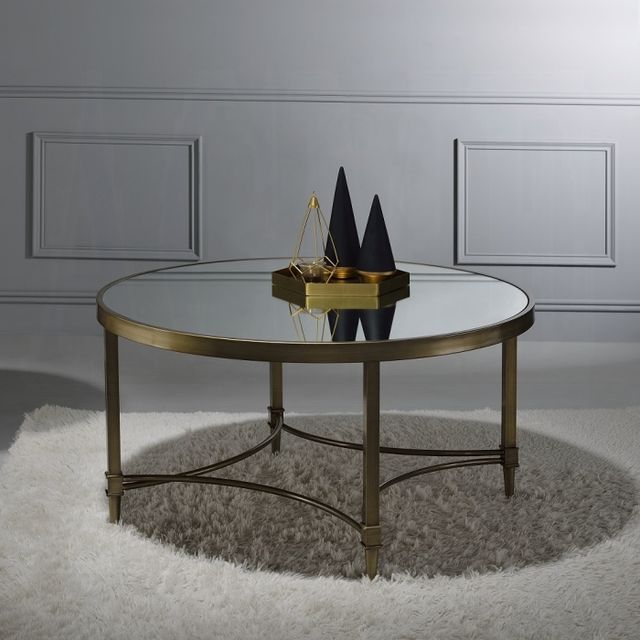 ACME Furniture Aditya Mirrored Coffee Table with Antique Brass Base-1