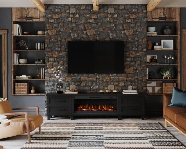 Legends Home Real Cozy Sonoma Seal Skin Black 95" Fireplace TV Stand-1