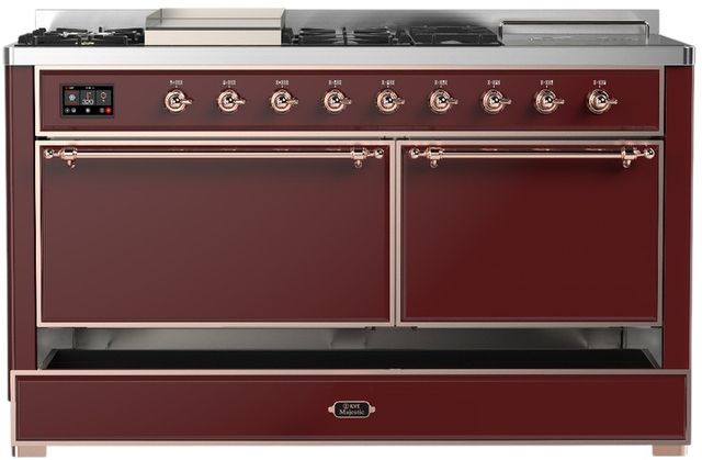 Ilve® Majestic III 60" Burgundy Pro Style Dual Fuel Natural Gas Range with Griddle and Copper Trim-2