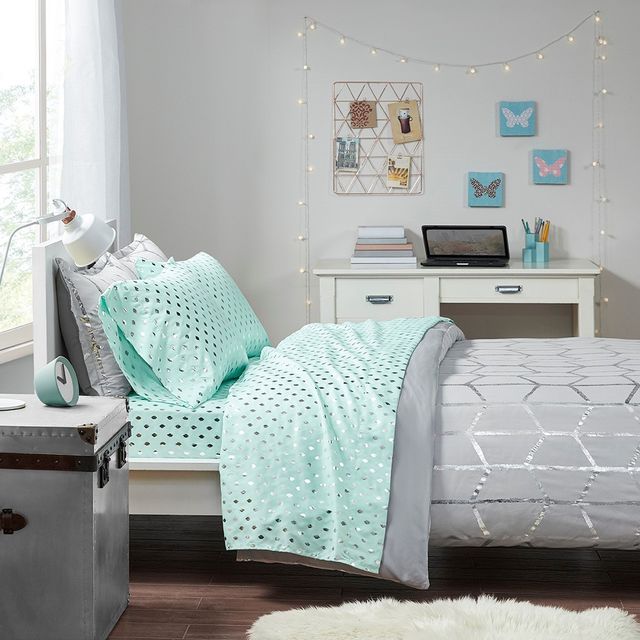 Olliix by Intelligent Design Aqua/Silver Twin Metallic Dot Printed Sheet Set-3