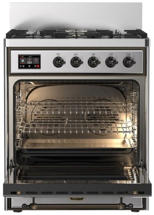 Ilve® Majestic III 30" Stainless Steel Pro Style Dual Fuel Liquid Propane Range with 5 Black Brass Burners and Burnished Trim-1