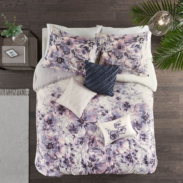 Olliix by Madison Park 7 Piece Purple Queen Enza Cotton Printed Comforter Set-2