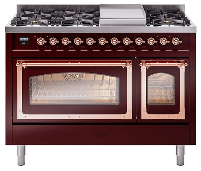Ilve® Nostalgie II Noblesse 48'' Burgundy Pro Style Dual Fuel Range with Copper Trim-0