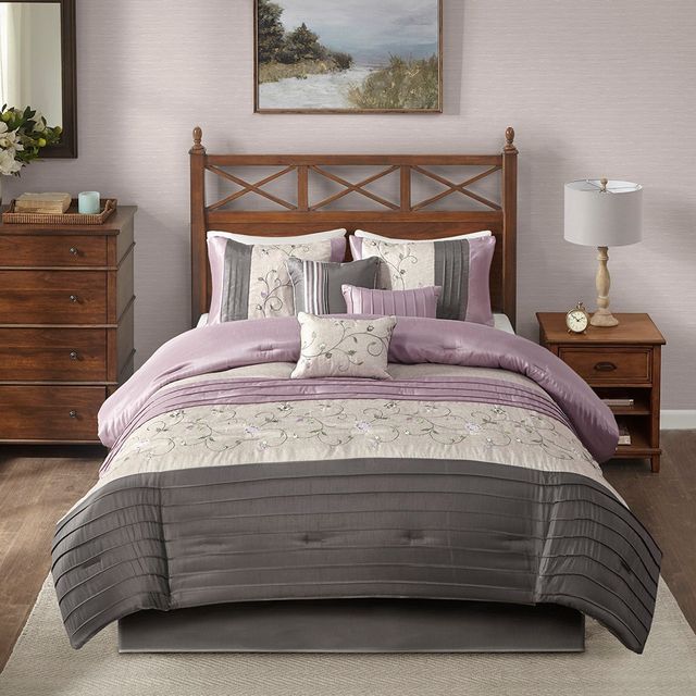 Olliix by Madison Park Serene 7 Piece Purple Queen Embroidered Comforter Set-2