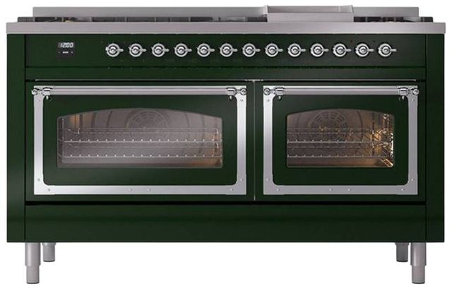 Ilve® Nostalgie II Noblesse 60'' Emerald Green Pro Style Dual Fuel Range with Chrome Trim-1