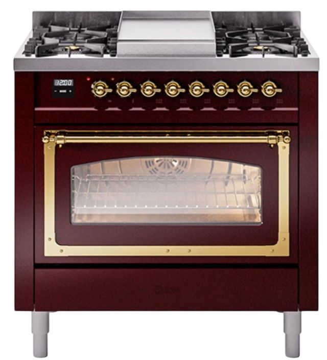 Ilve® Nostalgie II Noblesse 36'' Burgundy Pro Style Dual Fuel Range with Brass Trim-0