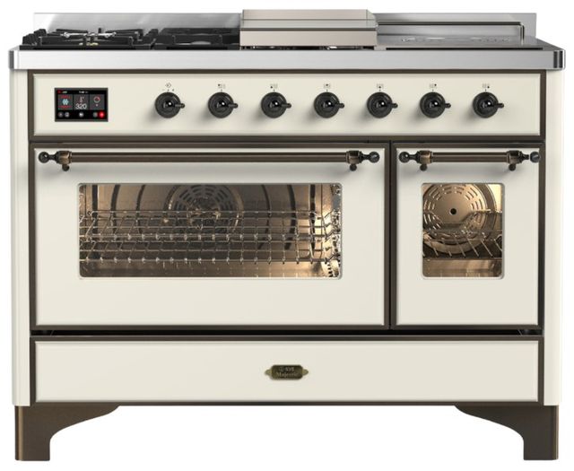 Ilve® Majestic III 48" Antiqued White Pro Style Dual Fuel Natural Gas Range with Triple Glass Door and Burnished Trim-0