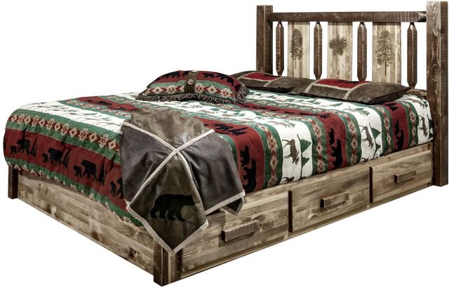 Montana Woodworks® Homestead Stain & Clear Lacquer Full Platform Storage Bed with Laser Engraved Pine Design-3