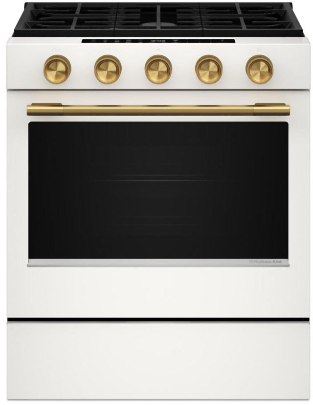 KitchenAid® 30” Porcelain White Slide-In Gas Range with Convection Cooking Modes and 2-in-1 Burner-0