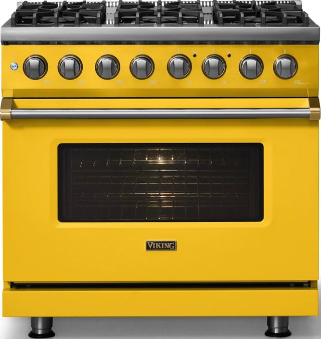 Viking® 5 Series 36" Daffodil Pro Style Dual Fuel (LP) Range with Brushed Brass Trim-2