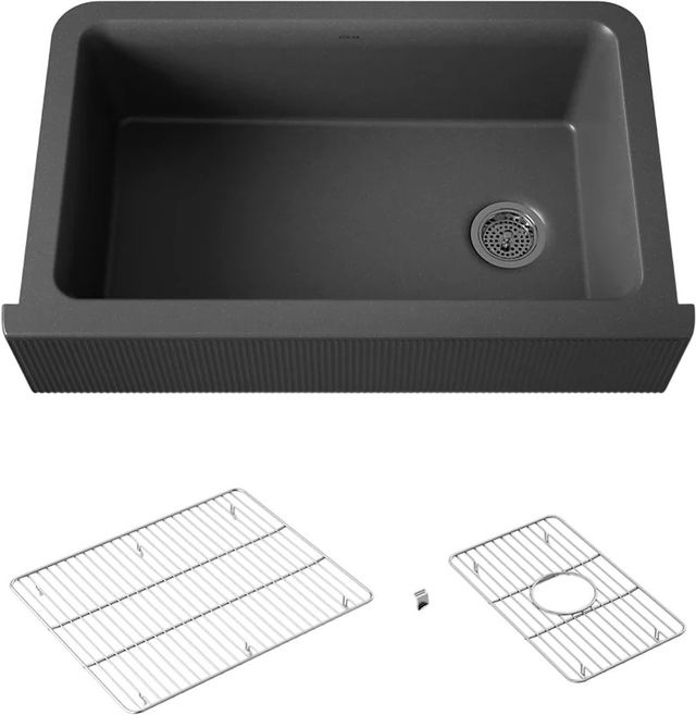 KOHLER® Cairn® Matte Graphite 34" Undermount Single-Bowl Farmhouse Kitchen Sink with Fluted Design-0