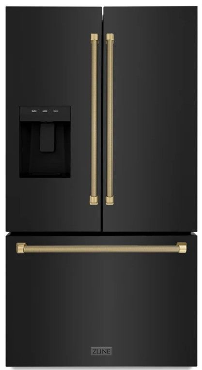 ZLINE Autograph Edition 36" 28.9 Cu. Ft. Black Stainless Steel Standard-Depth French Door Fingerprint-Resistant Refrigerator with External Water Dispenser and Dual Ice Maker in Champagne Bronze Helix Handles-0