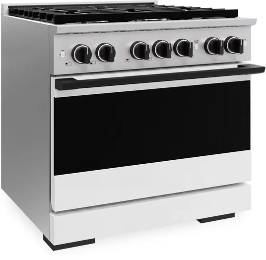ZLINE Marino 36" Satin Stainless Steel Pro Style Gas Range with White Matte Door and Matte Black Accents-3