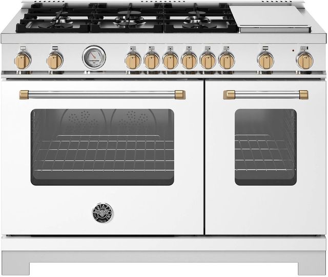 Bertazzoni Master Series 48" Fingerprint Resistant Bianco Matt Pro Style Gas Range with Gold Accents-0