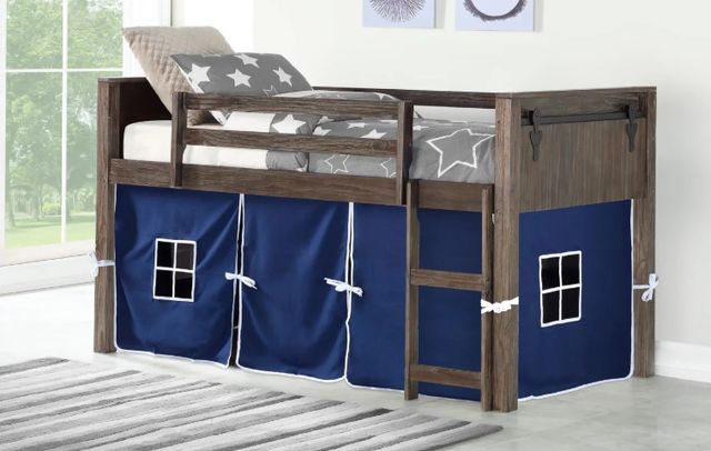 Donco Kids Barn Door Blue/Brushed Shadow Youth Twin Low Loft with Tent Kit-1