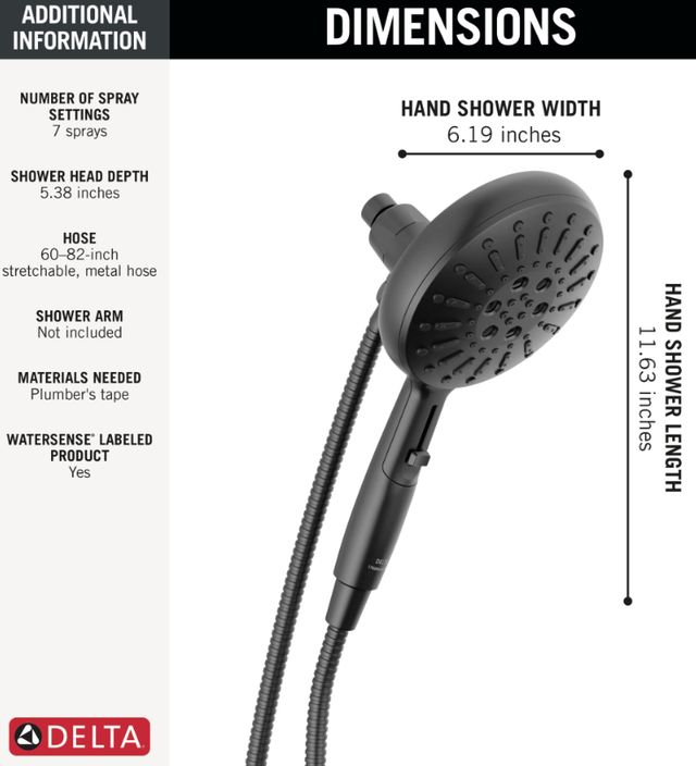 Delta Matte Black 1.75 GPM 7-Setting SureDock® Magnetic Hand Shower-2