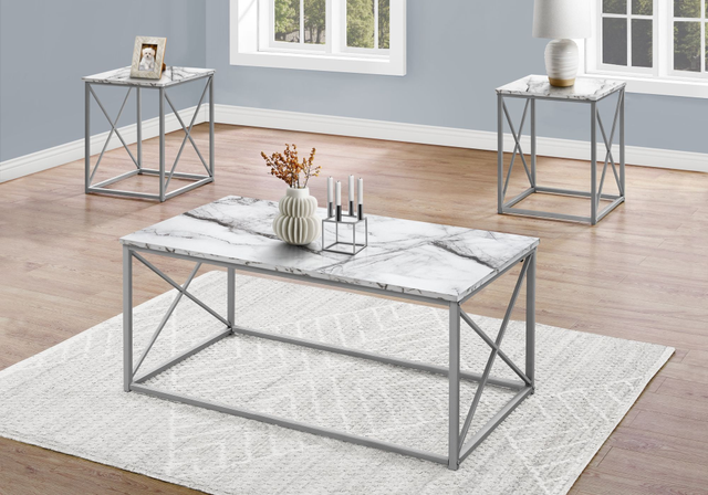 Monarch Specialties Inc. 3-Piece Silver/White Marble Living Room Table Set-2