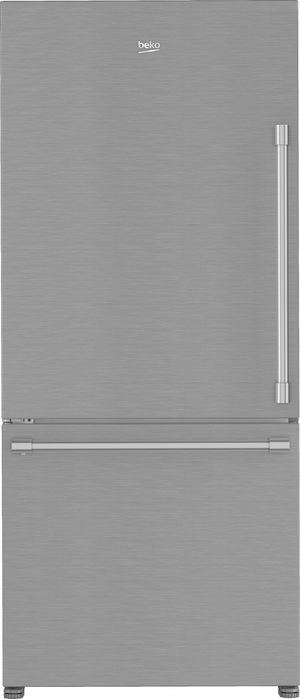 Front view of the Beko 30 in. 16.1 Cu. Ft. Fingerprint-Free Stainless Steel Counter Depth Bottom Freezer Refrigerator