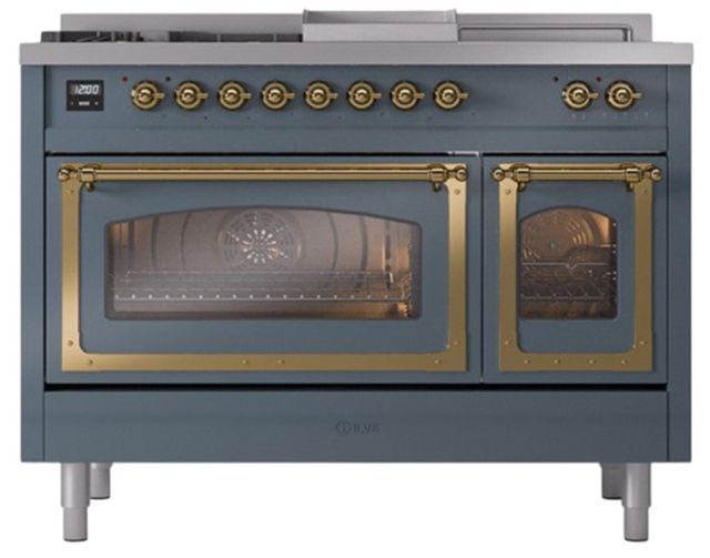 Ilve® Nostalgie II Noblesse 48'' Blue Gray Pro Style Dual Fuel Range with Brass Trim-1