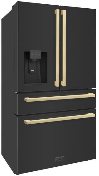 ZLINE Autograph Edition 36". 21.6 Cu. Ft. Fingerprint Resistant Black Stainless Steel Counter Depth French Door Refrigerator with Champagne Bronze Modern Handles-2